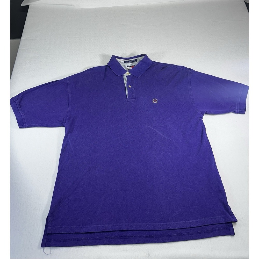 VTG Tommy Hilfiger Crest Polo Shirt XL Purple 100% Cotton Pique 90s Embroidered